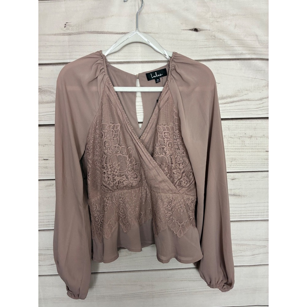 Lulus Mauve Taupe Lace Surplice Long Sleeve Blouse Top NWT Medium